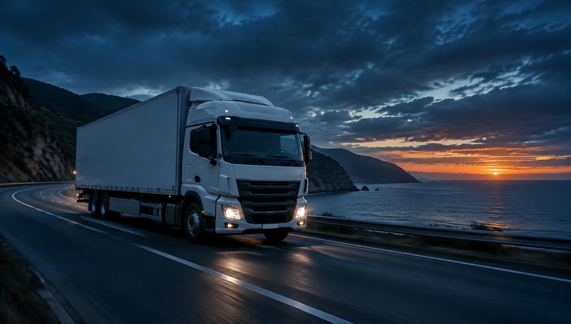 Transport lorry driving along a coastal road at dusk